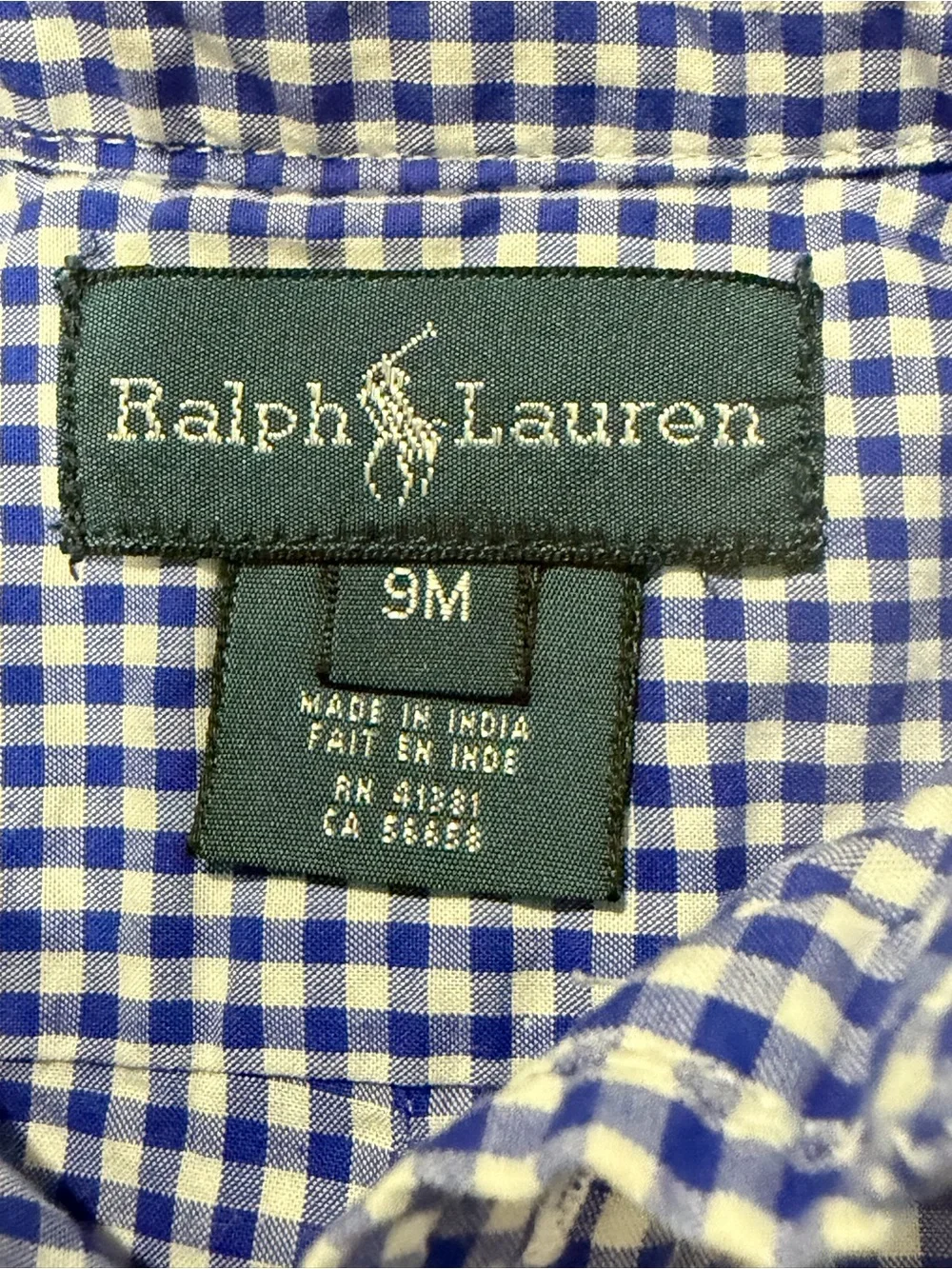 Ralph Lauren Baby Boys Blue Gingham Button Down Shirt 9M Green Pony Logo
